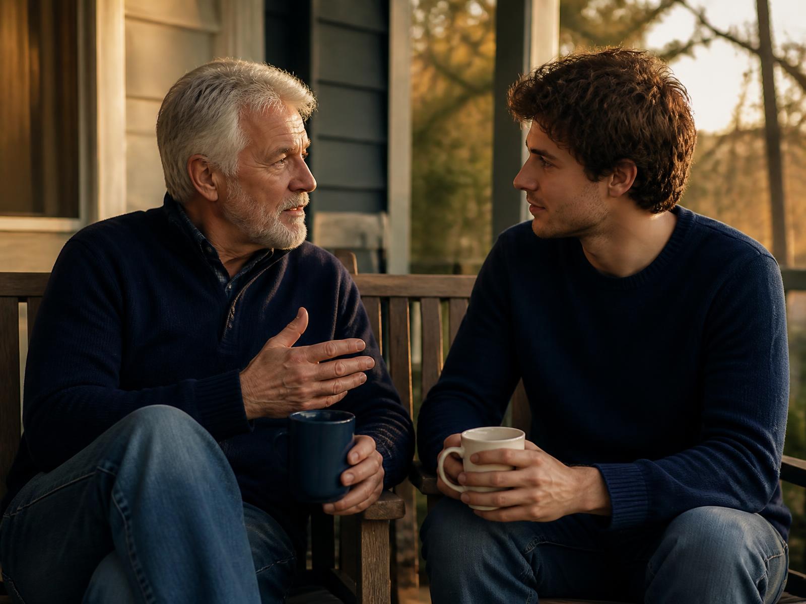 An older mentor and a young adult talking over coffee on a porch